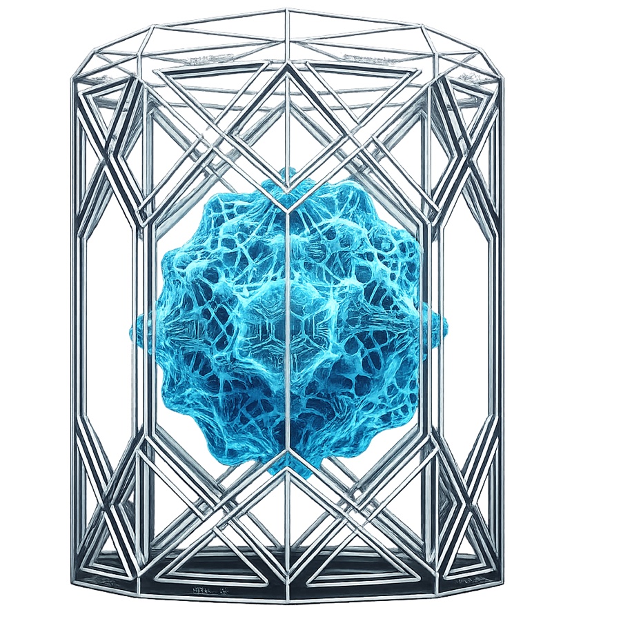 The NE AI Lab mark: a glowing neural sphere held inside an engineered steel frame